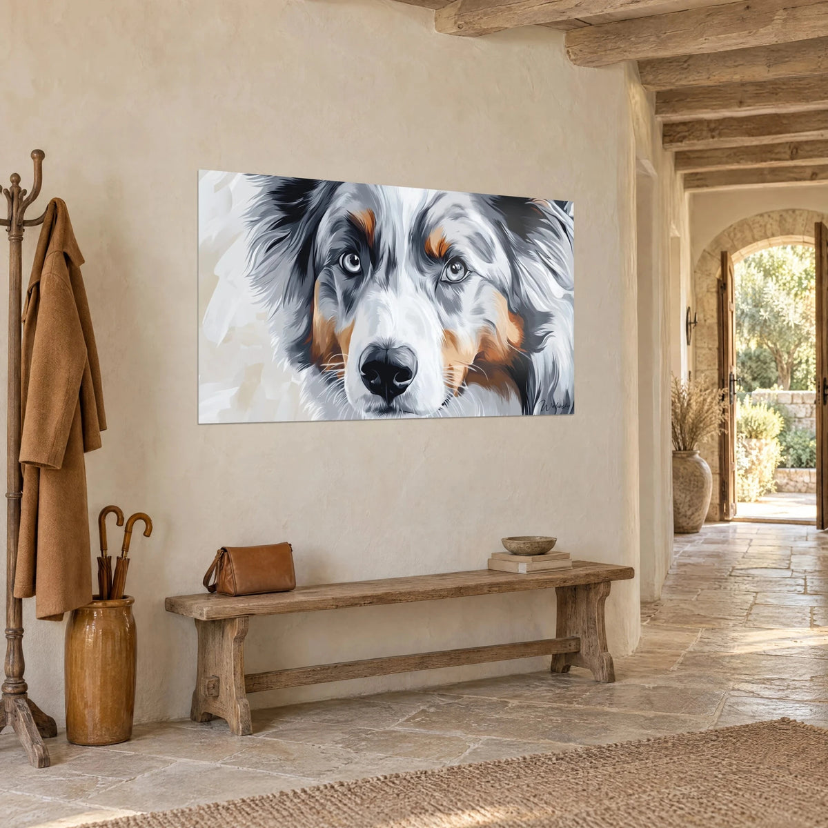 Quadro cane blu merle dallo sguardo limpido, muso nero, maschera bianca e grigia, di tre quarti in un ingresso in pietra