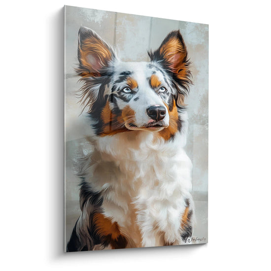 Un quadro di un Pastore Australiano con mantello tricolore bianco, nero e arancione, con occhi azzurri penetranti, rappresentato di fronte su sfondo grigio strutturato. Il rendering iperrealista cattura ogni dettaglio della pelliccia setosa e l'espressione attenta caratteristica della razza.
