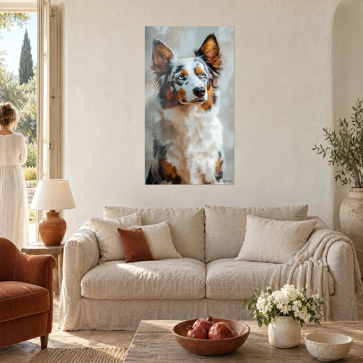 Tableau chien de race à robe merle, yeux bleus et oreilles cuivrées, deux femmes de dos, au-dessus d'un canapé dans un salon lumineux
