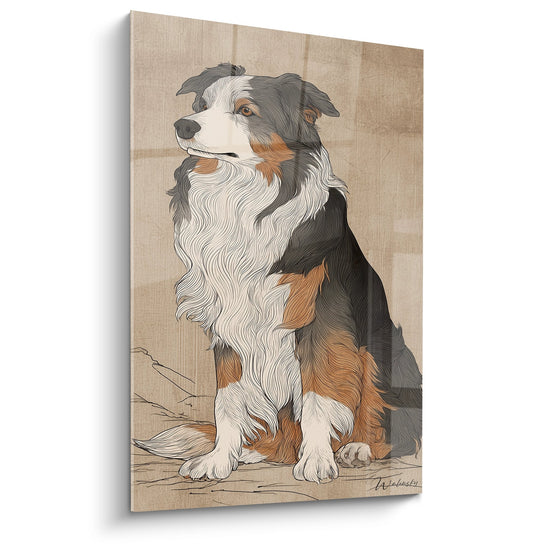 Quadro pastore australiano tricolore ritratto artistico sfondo beige vintage sguardo nobile