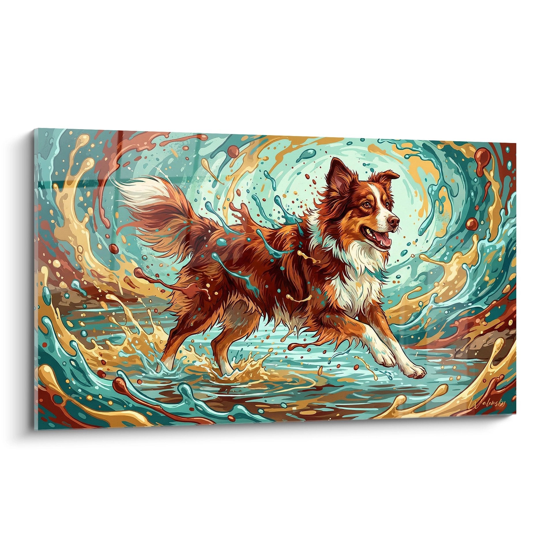 Tableau berger australien rouge merle courant dans tourbillon eau turquoise et dorée mouvement dynamique