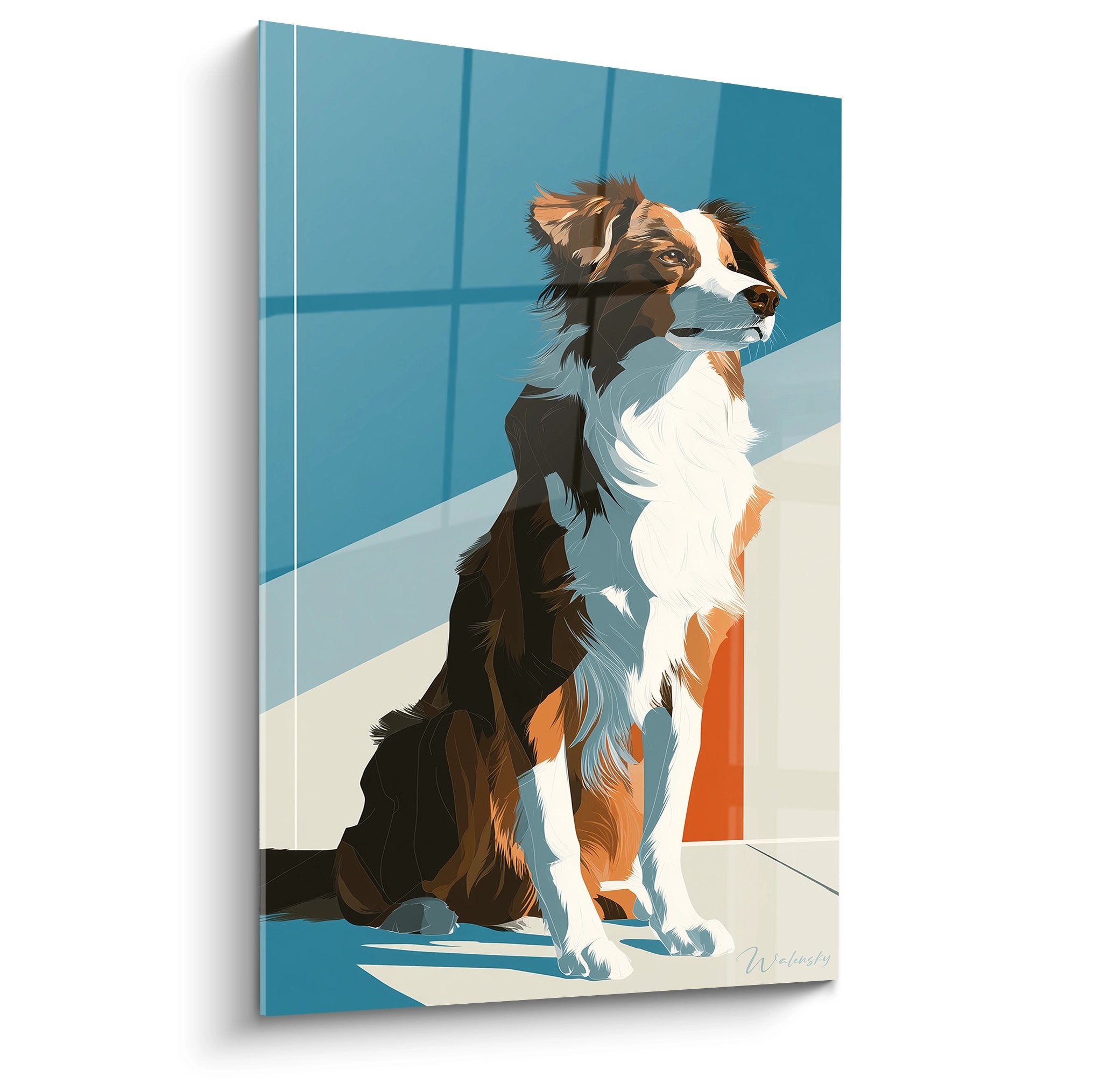 Tricolor Australian Shepherd sitting on modern blue background geometric style artwork
