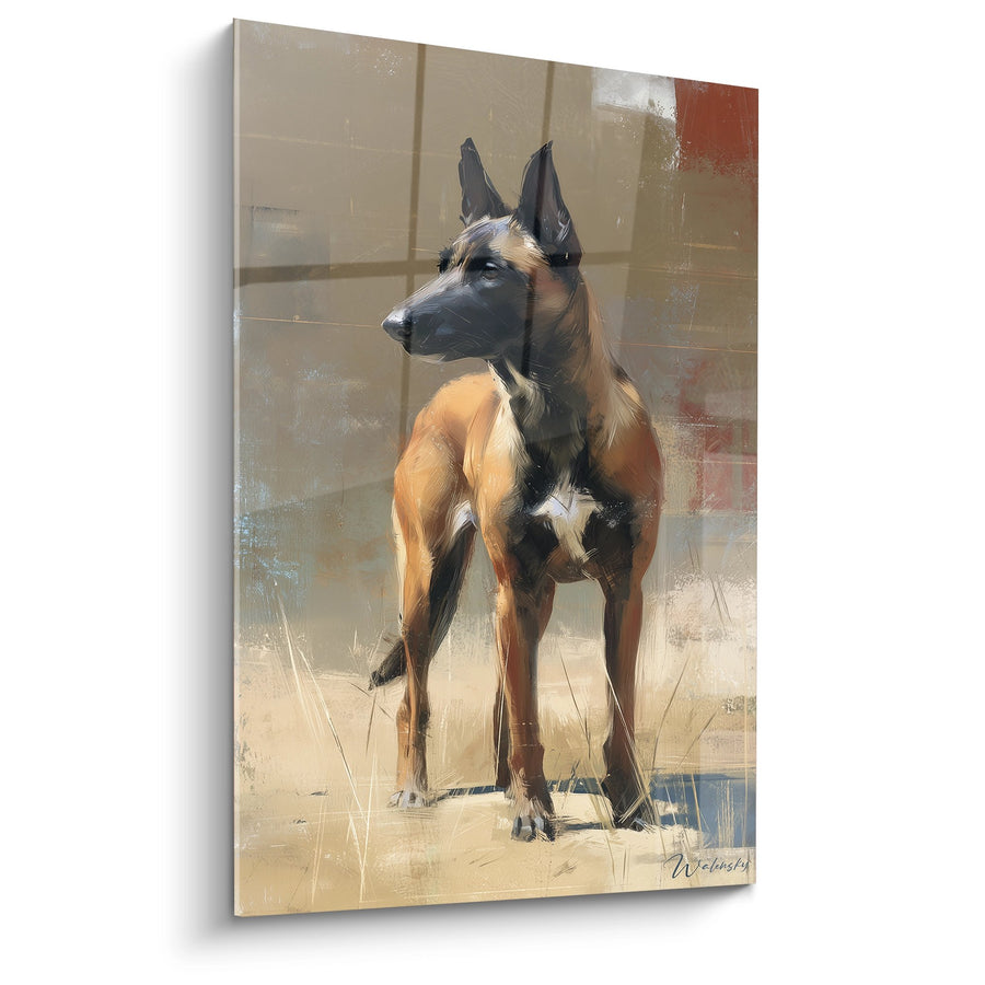 Tableau Berger Malinois en Position d'Alerte Tons Beiges et Ocres - Garde Fidèle - Edition Berger Belge Malinois