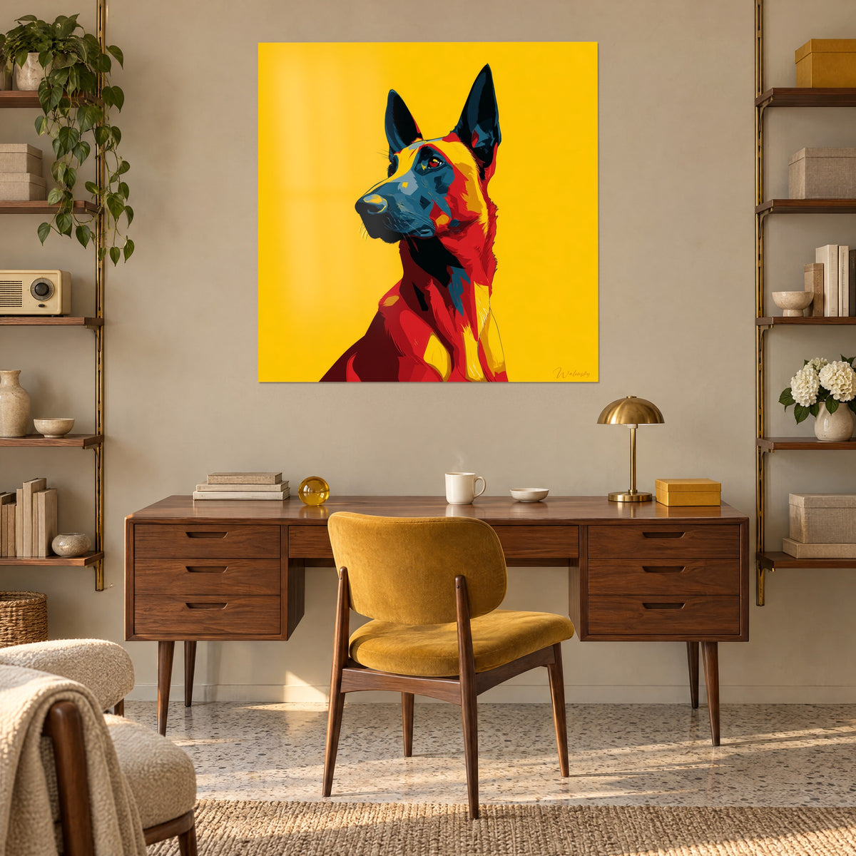 Schilderij Mechelse herder silhouet in pop-art, karmijnrood en petroleumblauw op felgeel, boven een houten bureau