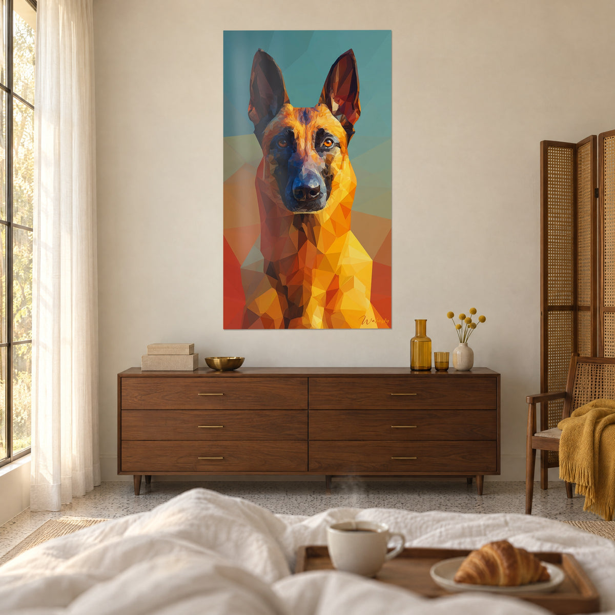 Cuadro mastín en mosaico poligonal naranja, azul petróleo y rojo ladrillo, mirada intensa, sobre una cama en un dormitorio luminoso
