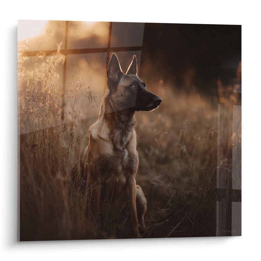 Schilderij Belgische Herdershond Malinois Liggend bij Zonsondergang - Goudkleurig Licht - Editie Belgische Herdershond Malinois