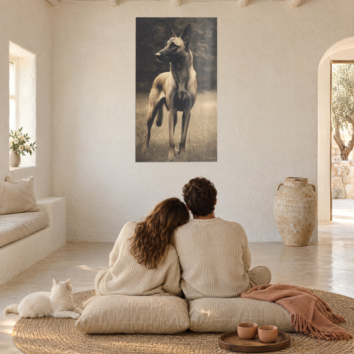 Πίνακας Malinois όρθιος στο λιβάδι, κοκκώδης σέπια με καφέ σκιές, κρεμασμένος στον τοίχο δωματίου όπου ξεκουράζονται ένα ζευγάρι και μια γάτα