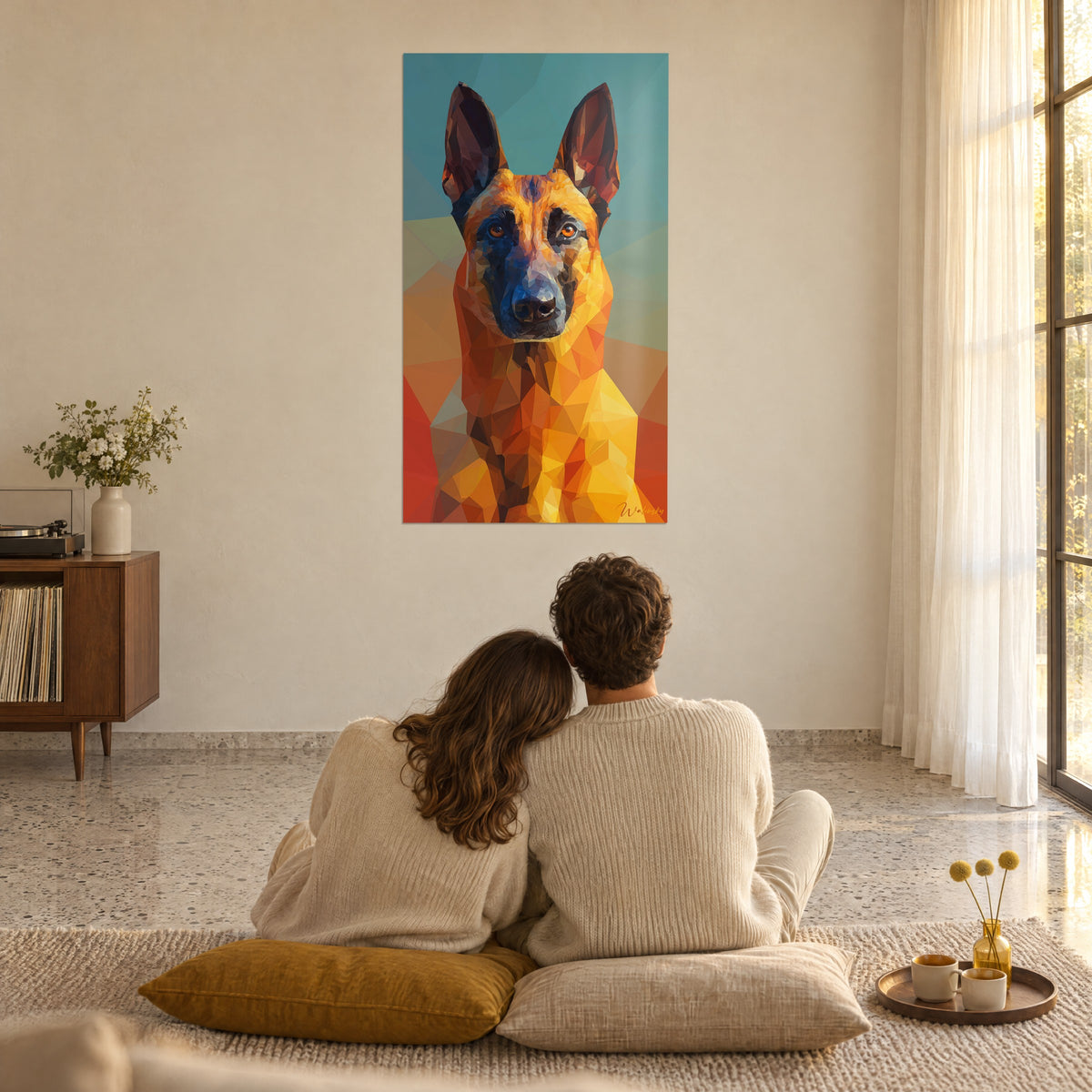 Cuadro perro de orejas puntiagudas en prismas amarillo azafrán y azul verdoso, pareja de espaldas sobre cojines mostaza, gran salón blanco