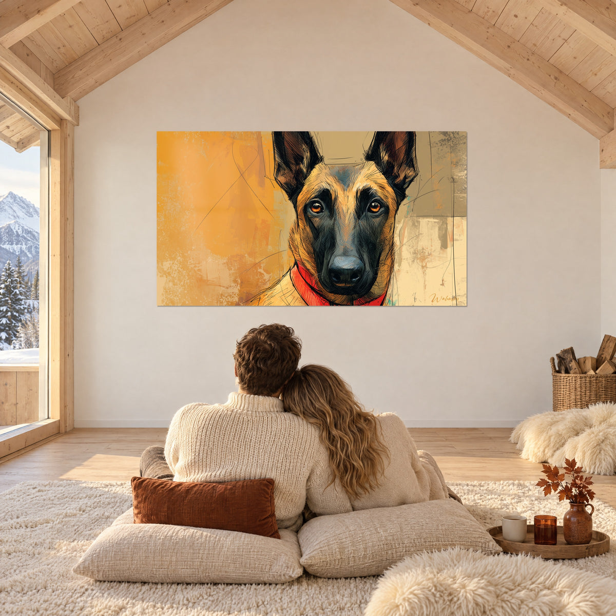 Obraz malinois z czerwoną obrożą na złotym i kremowym tle, pod belkami domku, para leżąca na plecach na poduszkach