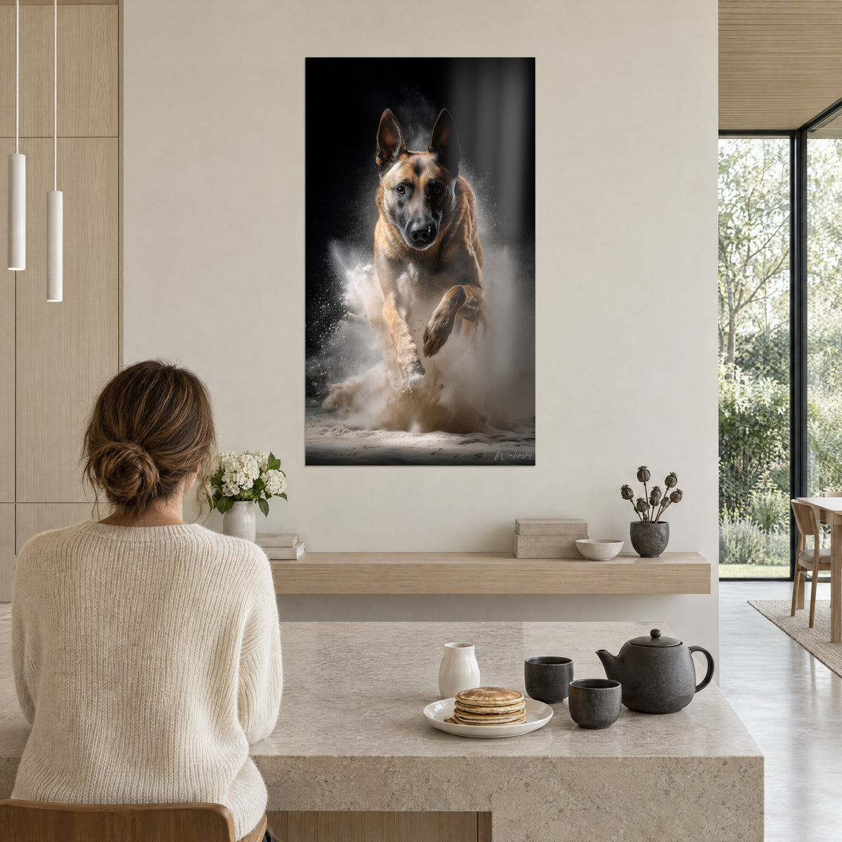 Πίνακας πορτρέτο ενός Malinois με κεχριμπαρένια μάτια που μας κοιτάζει κατάματα, μπεζ σκόνη στον αέρα, μπροστά σε μια γυναίκα με χαλαρό κότσο