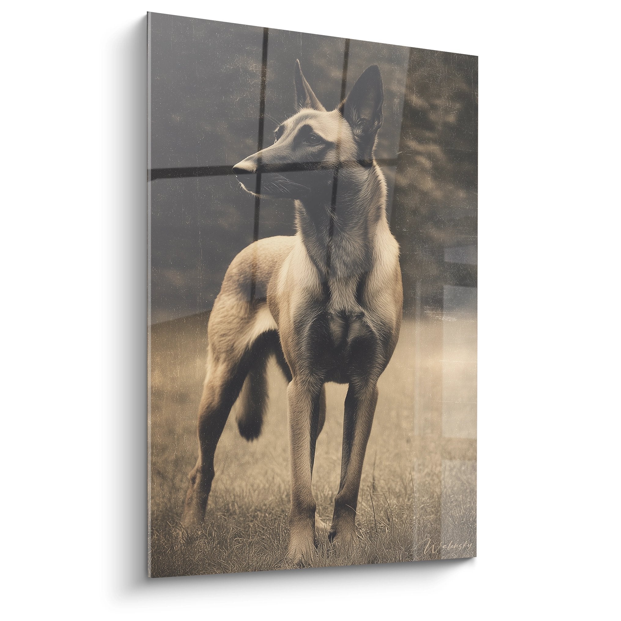 tableau berger belge malinois en mouvement tons seppia portrait canin dynamique decoration murale