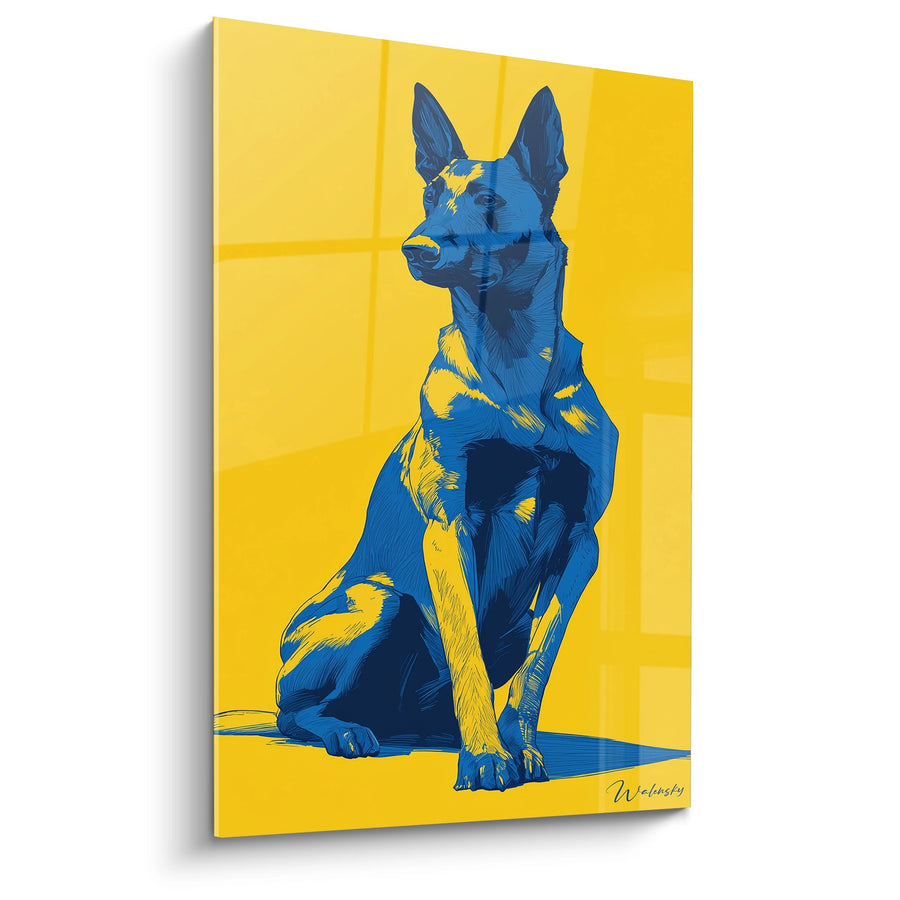 Tableau Berger Belge Malinois Bleu et Jaune en Position Assise - Portrait Canin Pop Art - Edition Berger Belge Malinois
