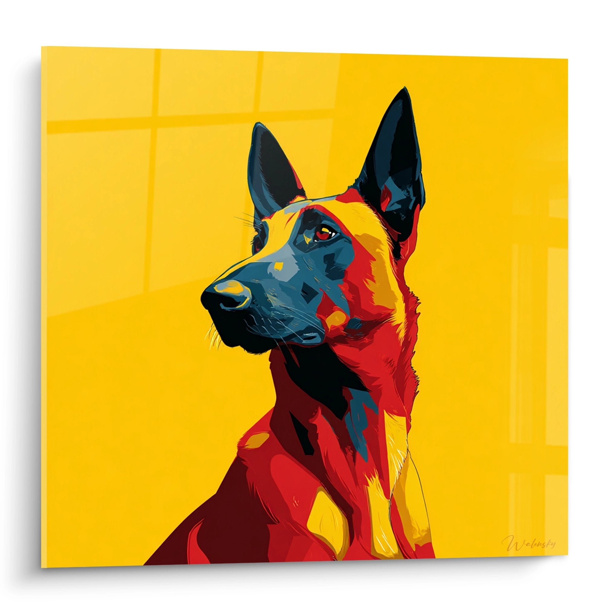 Artistic portrait Belgian Malinois Shepherd pop art style red yellow blue colors golden background contemporary wall art