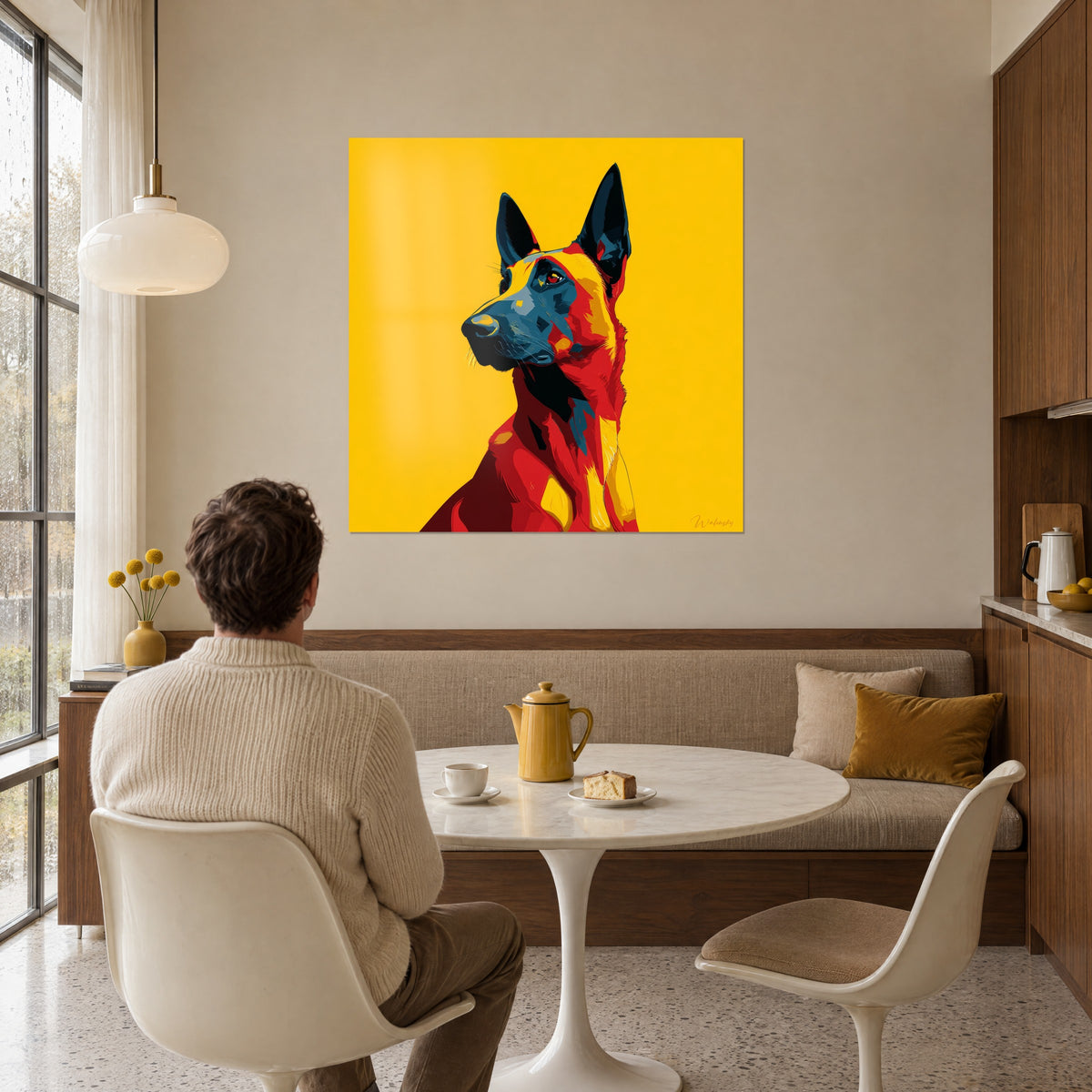 Schilderij hondenkop met zwarte puntige oren, rode accenten en goudgele vlakken, aan een crèmekleurige muur tegenover een ronde witte tafel