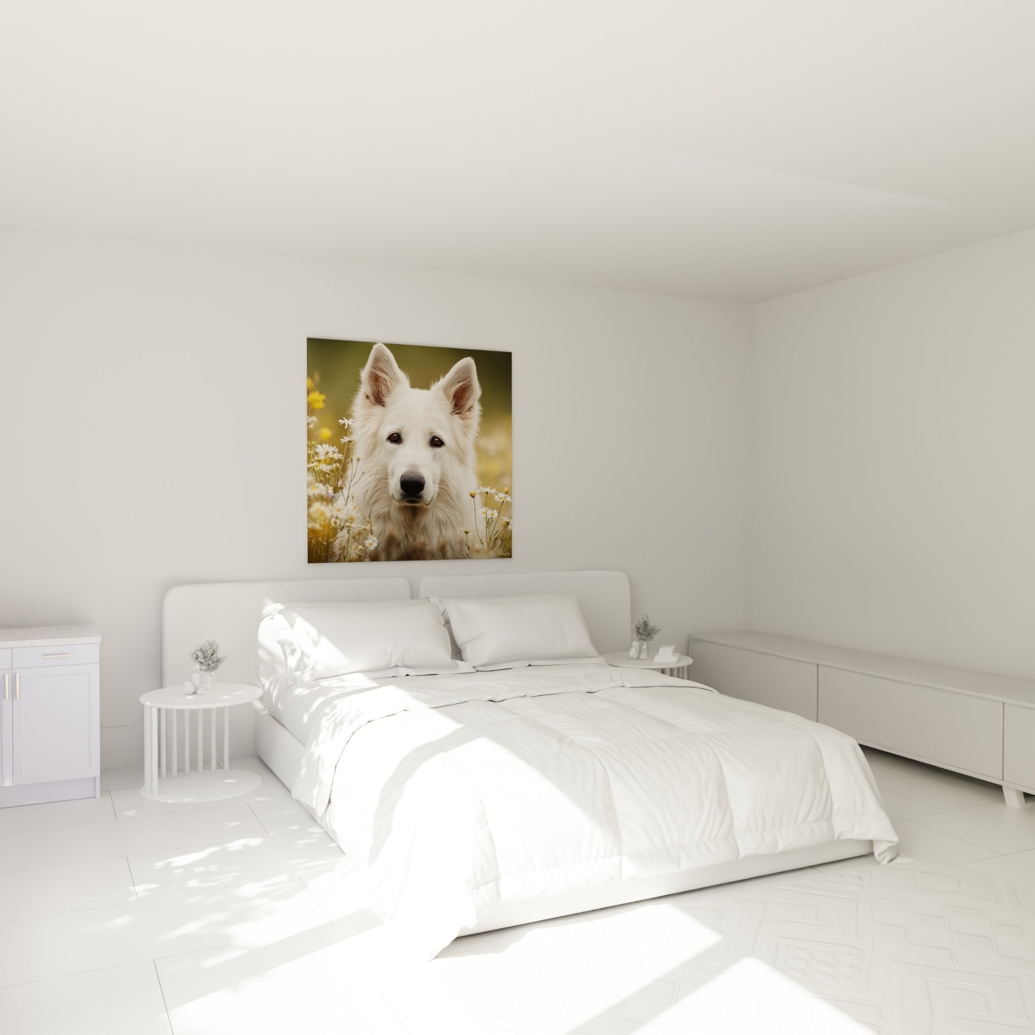Tableau berger blanc suisse marguerites decoration chambre ambiance naturelle apaisante