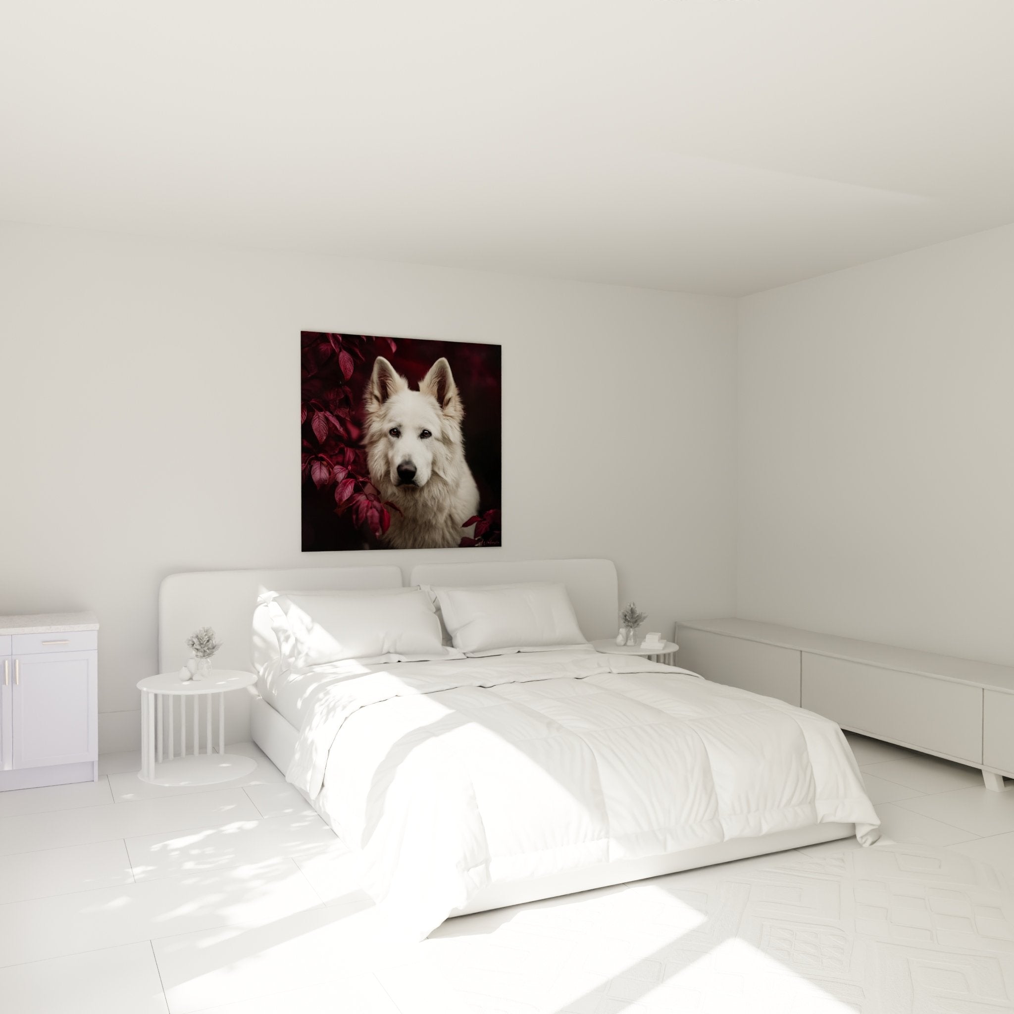 Tableau Berger Blanc Suisse feuillages violets dans chambre moderne avec décoration murale élégante