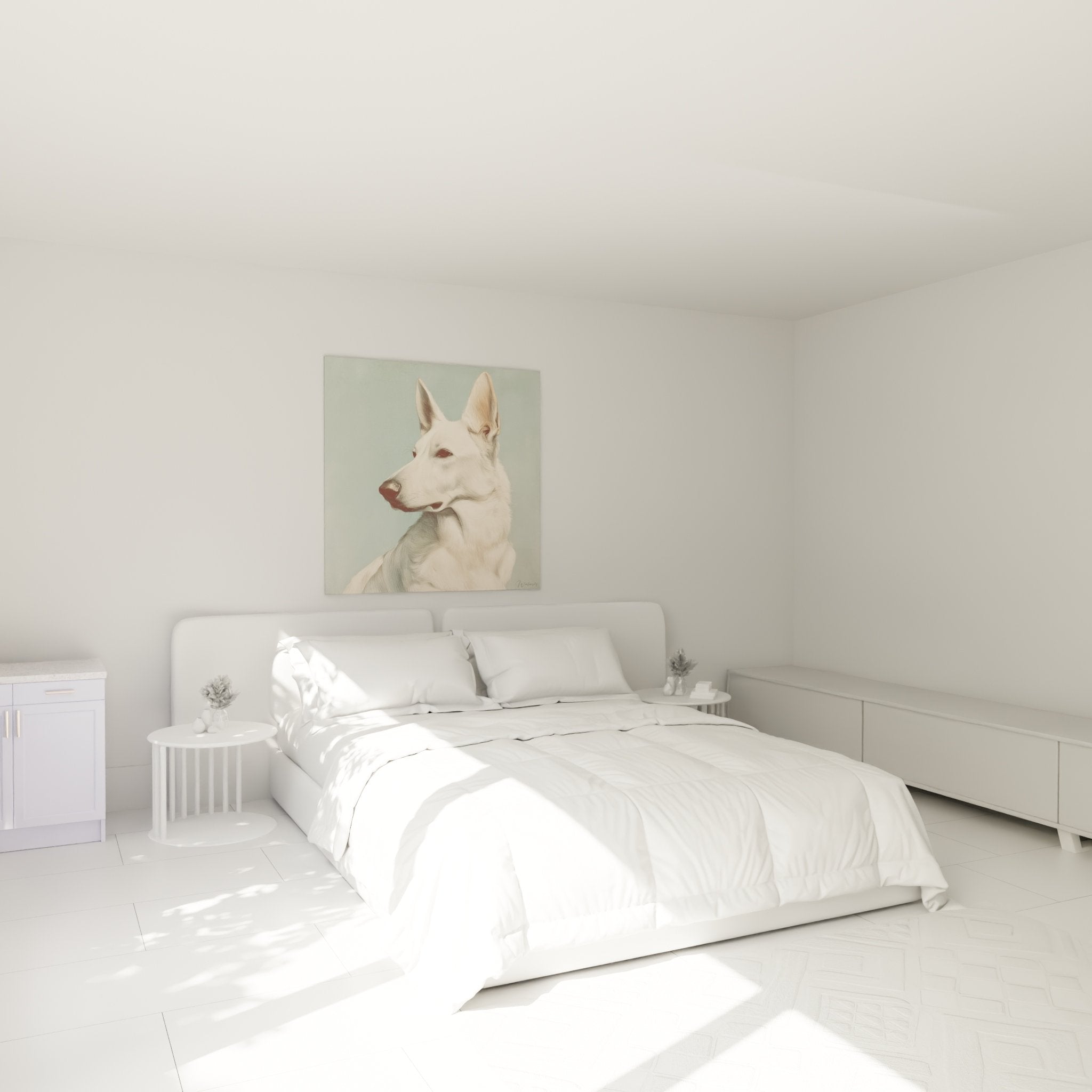 Tableau Berger Blanc Suisse dans chambre moderne, décoration murale apaisante tons blancs et verts