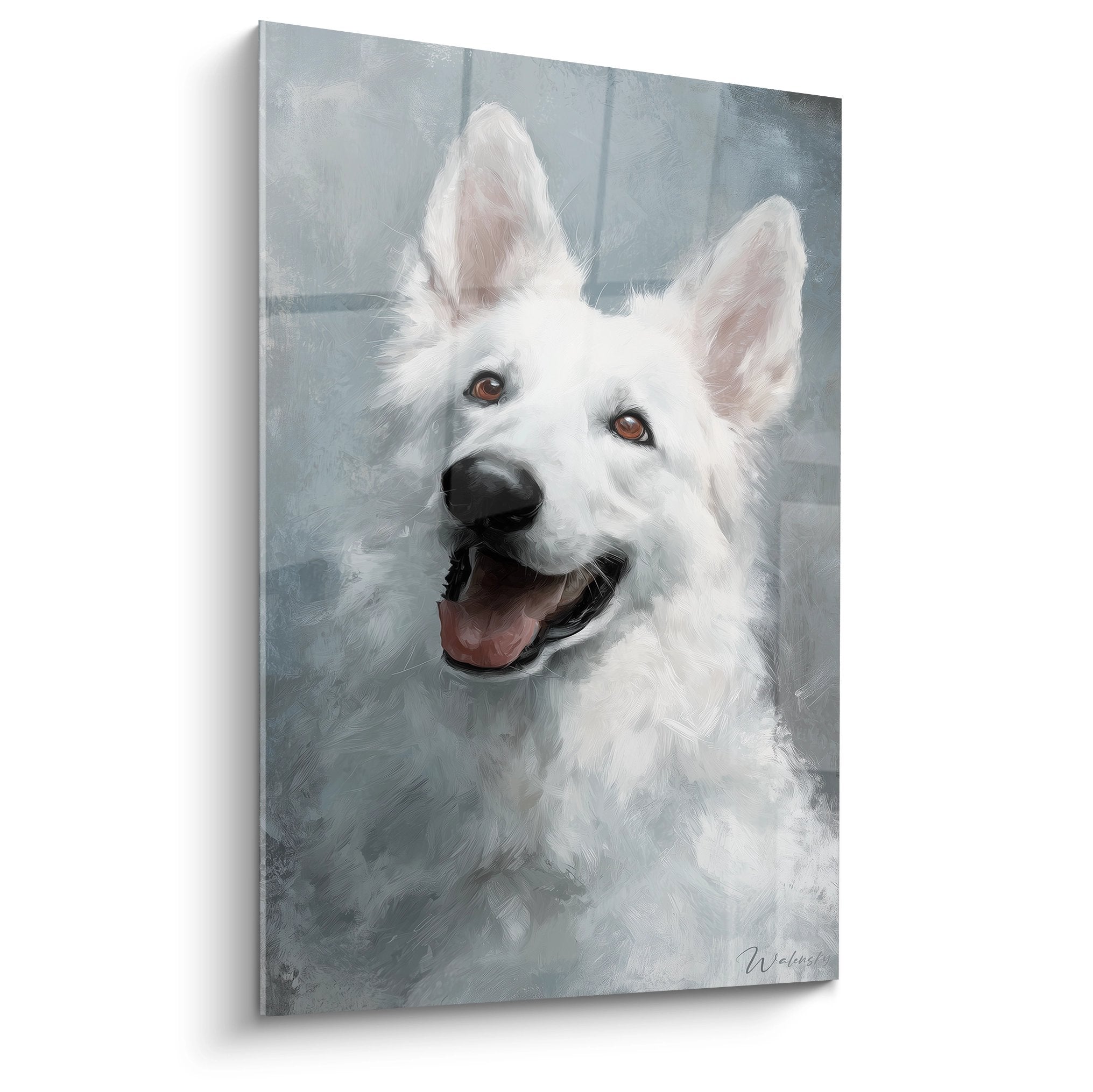 Portrait tableau Berger Blanc Suisse souriant regard ambre fond bleu gris art canin contemporain
