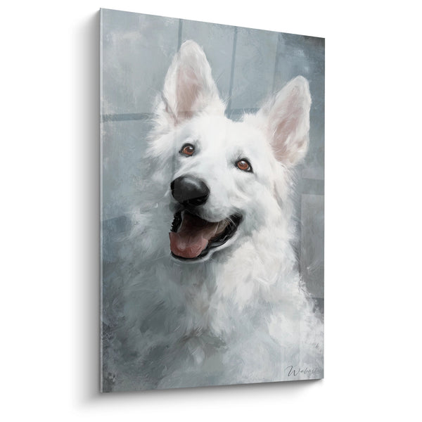 Cuadro de Perro Blanco Suizo con Mirada Expresiva - Retrato Canino Sonriente - Edición Perro Blanco Suizo