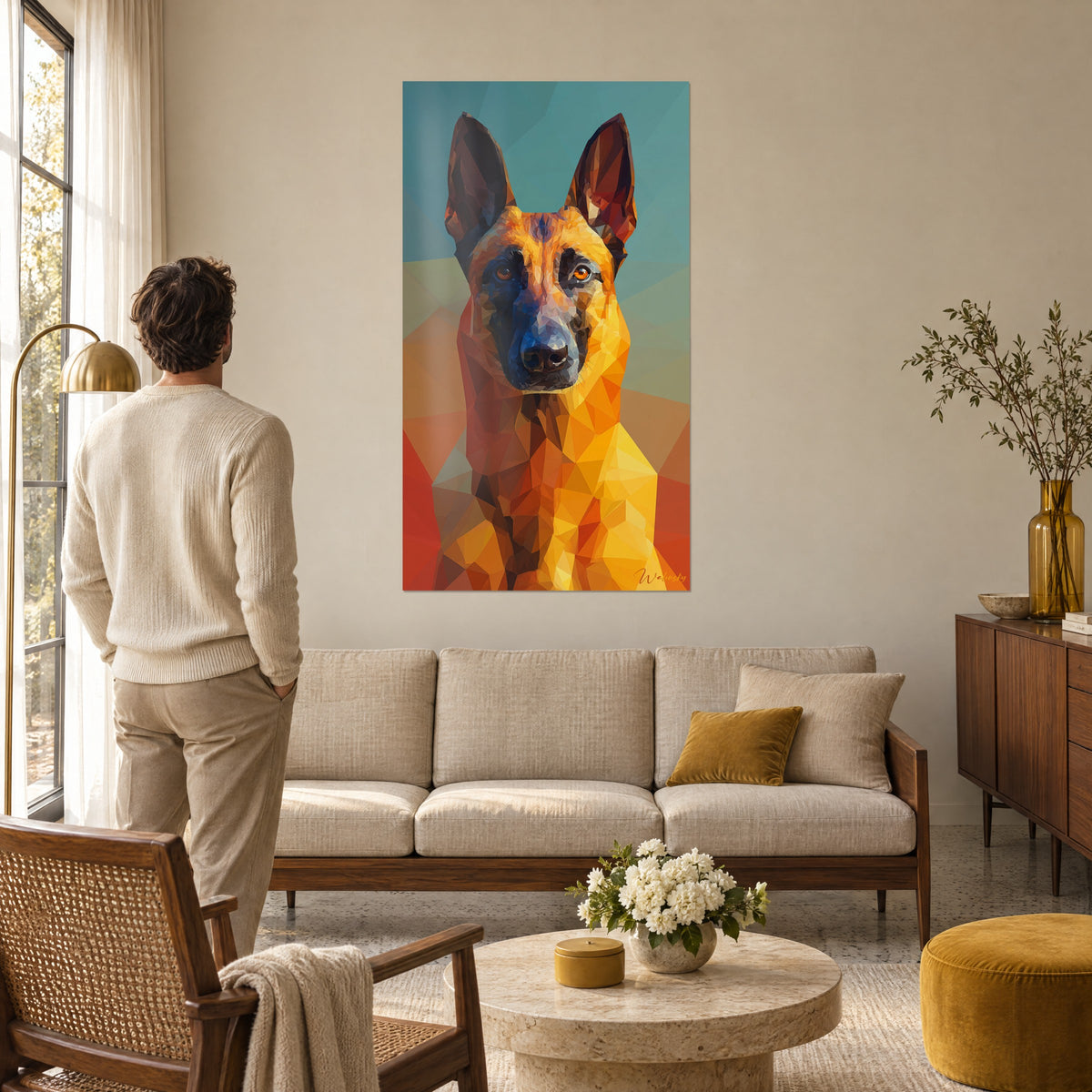 Cuadro perro malinois en facetas naranja y azul turquesa, mirada ámbar, hombre de espaldas, sobre un sofá en un salón luminoso