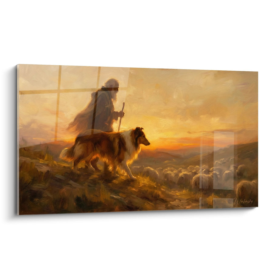 Schilderij Herder en Zijn Collie bij Zonsondergang - Goud Licht - Editie Collie