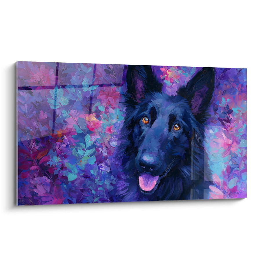 Tableau Berger Hollandais Bleu aux Yeux Ambrés sur Fond Floral Violet - Harmonie Colorée - Edition Berger Hollandais