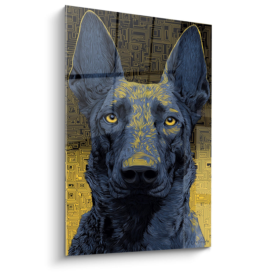 Tableau Chien Bleu aux Yeux Dorés sur Fond Géométrique - Portrait Hypnotique - Edition Berger Hollandais