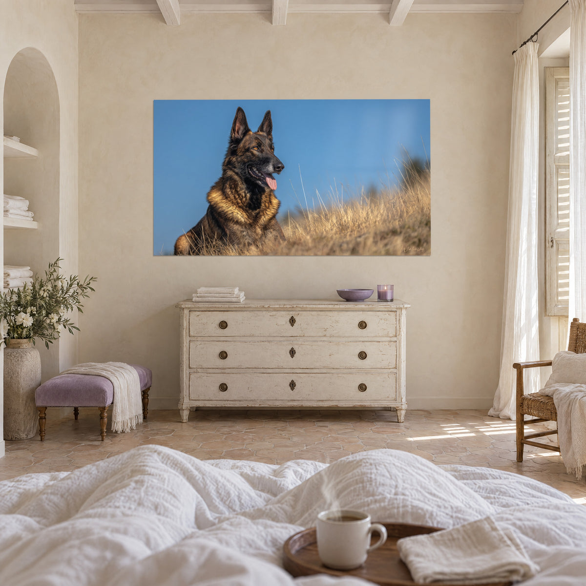 Wall art majestic dog portrait, amber gaze and deep blue sky, dry tawny grasses, above a bed in a light bedroom