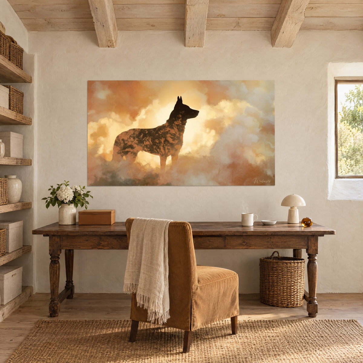 Wall art guardian dog with copper highlights, amber mist and pale pink, above a wooden desk, light stone walls