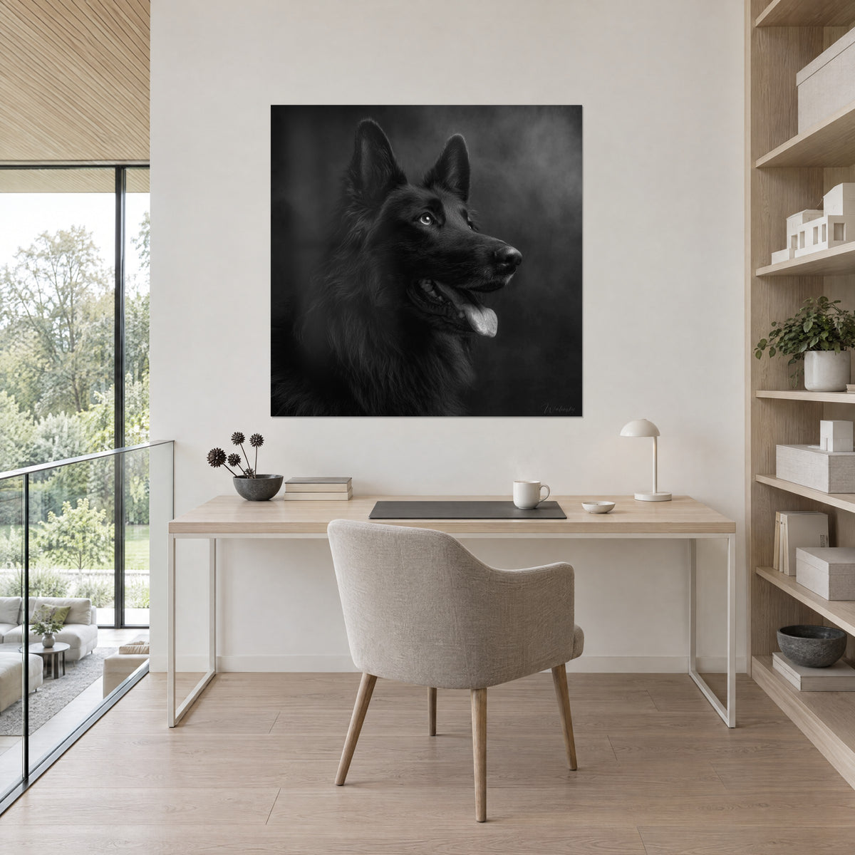 Gemälde eines schwarzen Hundes im angespannten Profil, Kragen aus seidigem Haar vor perlgrauem Hintergrund, gegenüber einem Schreibtisch aus hellem Holz neben einem Bücherregal