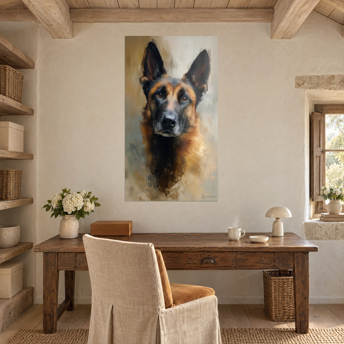 Quadro ritratto di cane pastore con pennellate ocra e nere, sfondo crema, sopra una scrivania rustica in legno