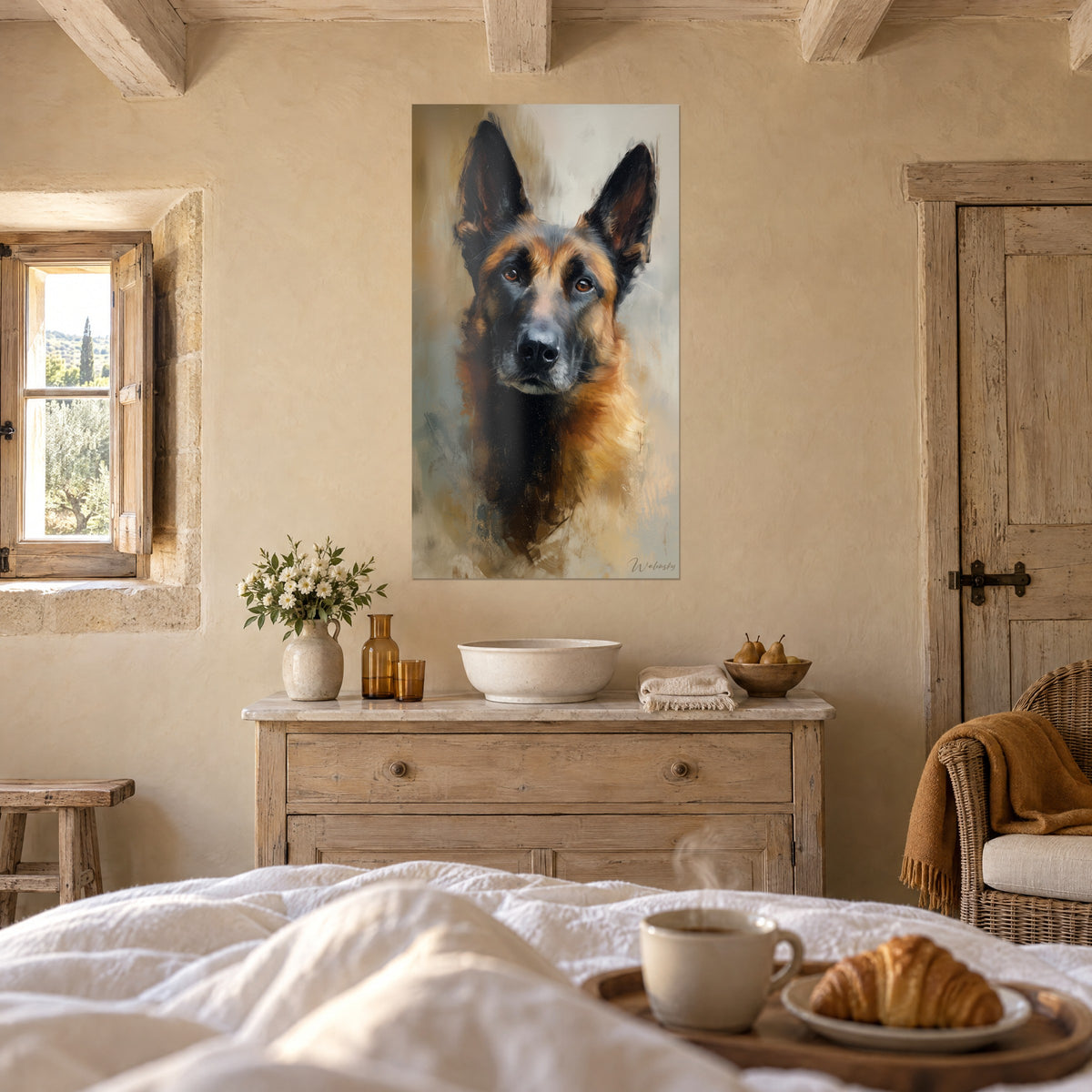 Quadro pastore olandese dipinto a olio, orecchie nere ritte, toni arancio e grigi, sopra un letto in una camera luminosa