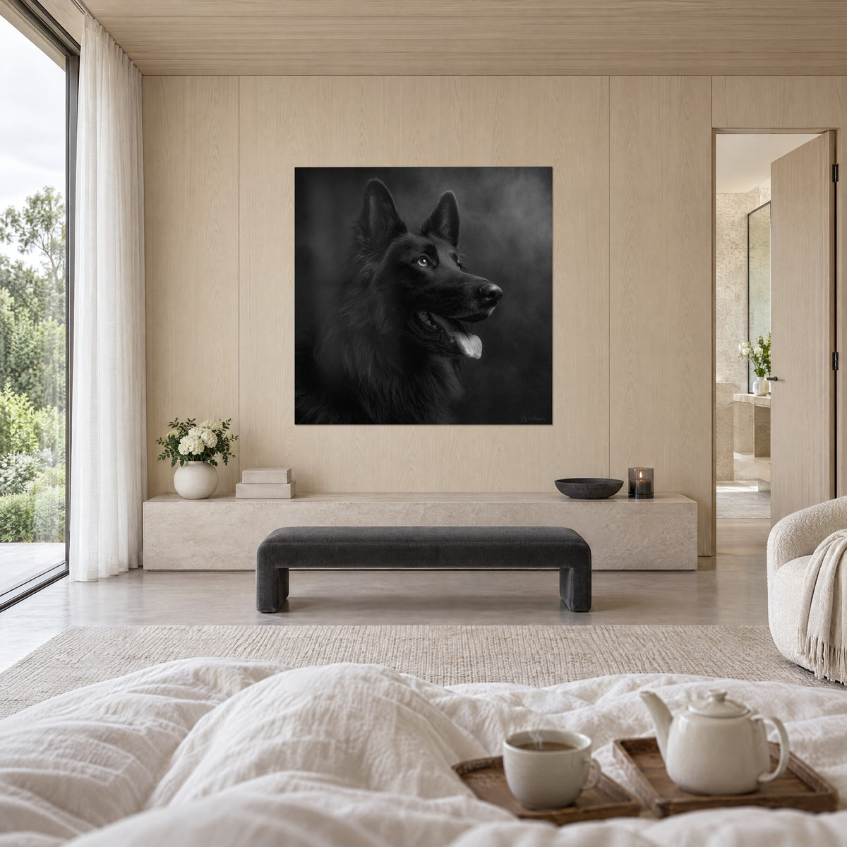 Gemälde eines Hundeporträts in Schwarz und Grau, dunkle Schnauze und heller Auge, an einer beigen Wand über einem Bett in einem hellen Schlafzimmer