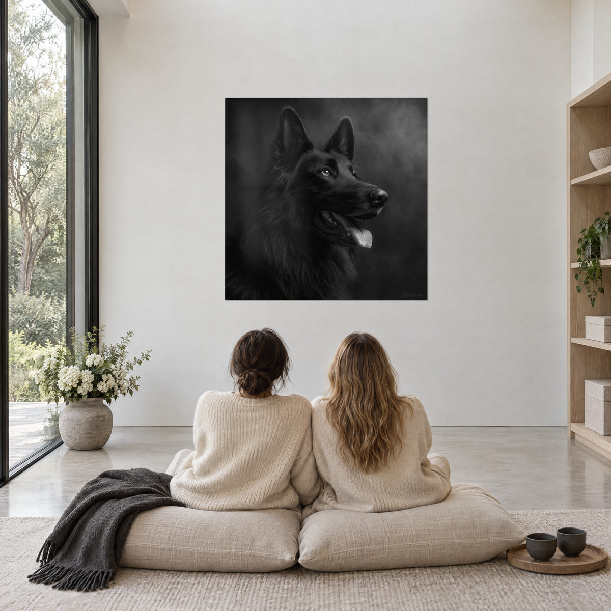 Gemälde eines dunklen Belgischen Schäferhundes, spitze Ohren und durchdringender Blick vor stürmisch grauem Hintergrund, betrachtet von zwei Frauen in cremefarbenen Pullovern, die auf dem Boden sitzen