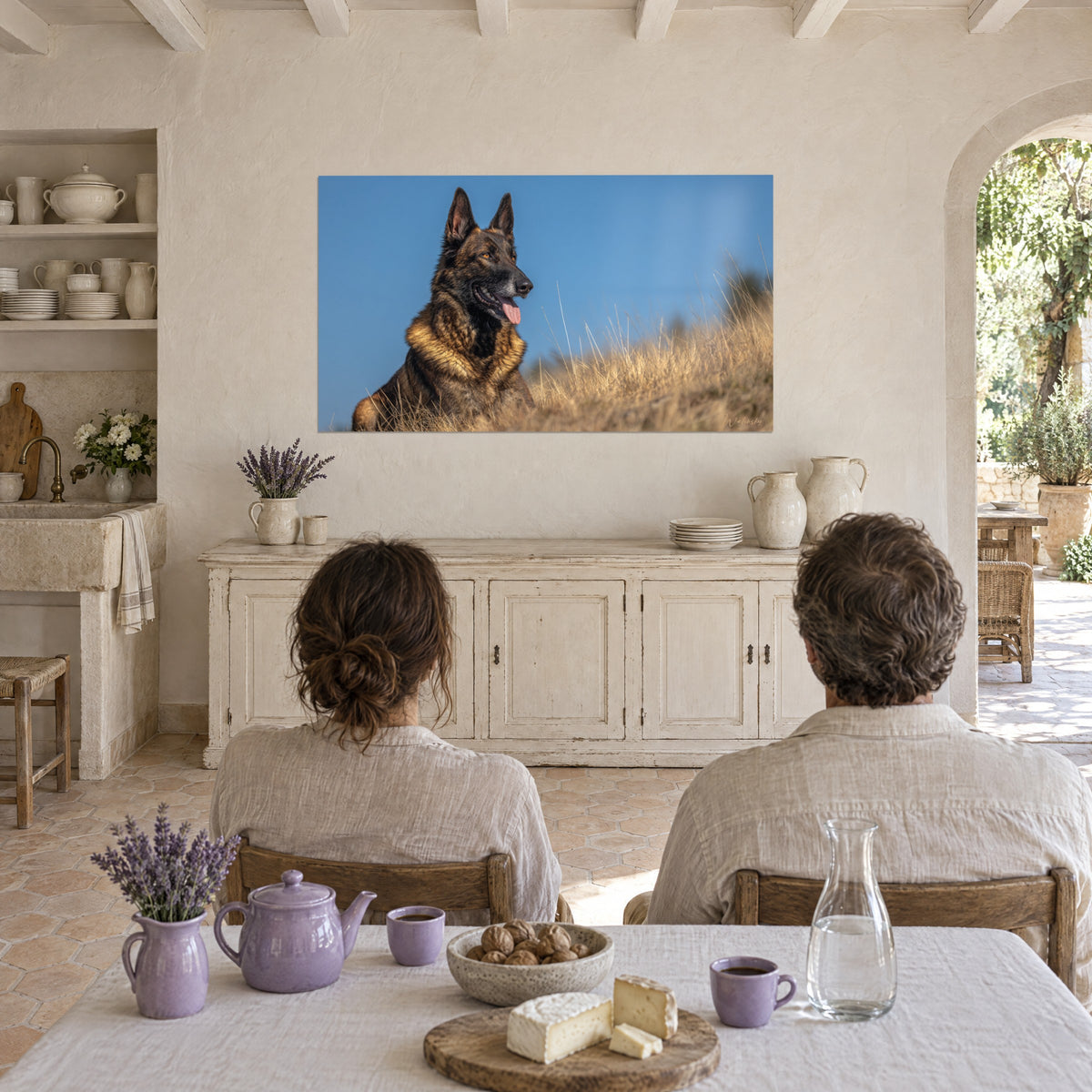 Wall art brindle mastiff sitting in tawny grass under an azure sky, a couple seen from behind at a Provençal farmhouse kitchen table, purple tea