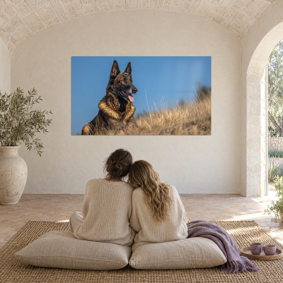 Wall art Malinois with amber eyes, pink tongue, blue sky and golden grasses, two women embracing from behind on beige cushions