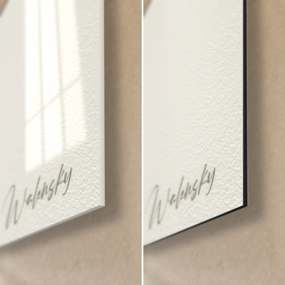 Gemälde Hundeporträt in Aquarell, untere rechte Ecke: glänzendes Acrylglas mit Reflexen, mattes Dibond-Aluminium, schwarze Kante von 3 mm