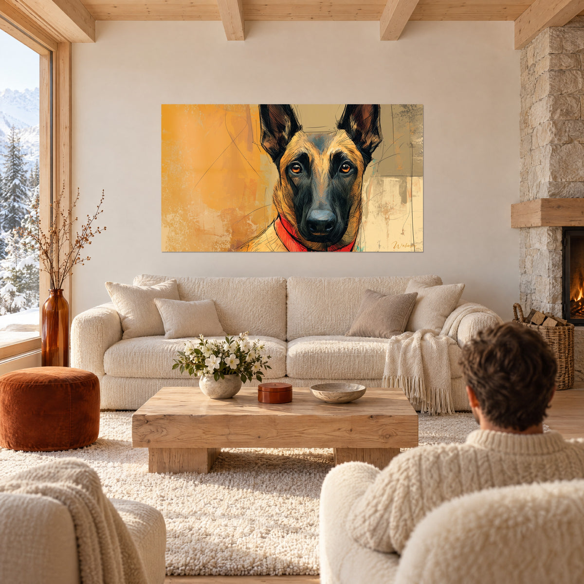 Πίνακας Malinois με κεχρινά μάτια και κόκκινο περιλαίμιο, χρυσό φόντο, κρεμασμένος πάνω από έναν καναπέ σε φωτεινό σαλόνι
