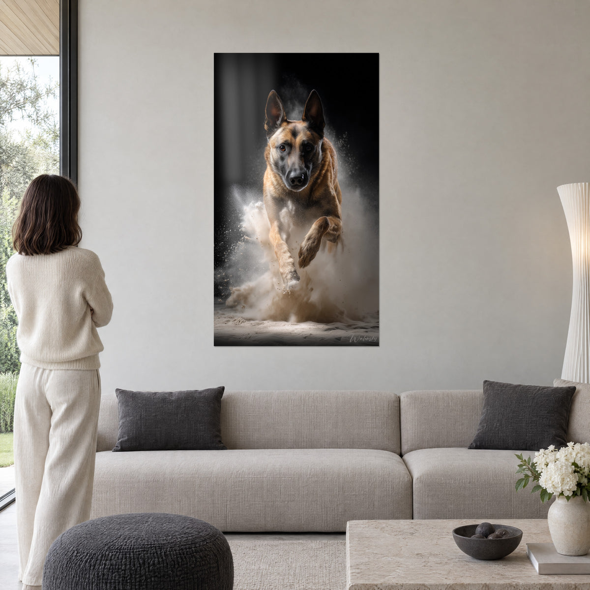 Πίνακας ενός Malinois που πηδά μέσα σε σύννεφο μπεζ άμμου σε μαύρο φόντο, κρεμασμένος πάνω από έναν καναπέ σε ένα φωτεινό σαλόνι