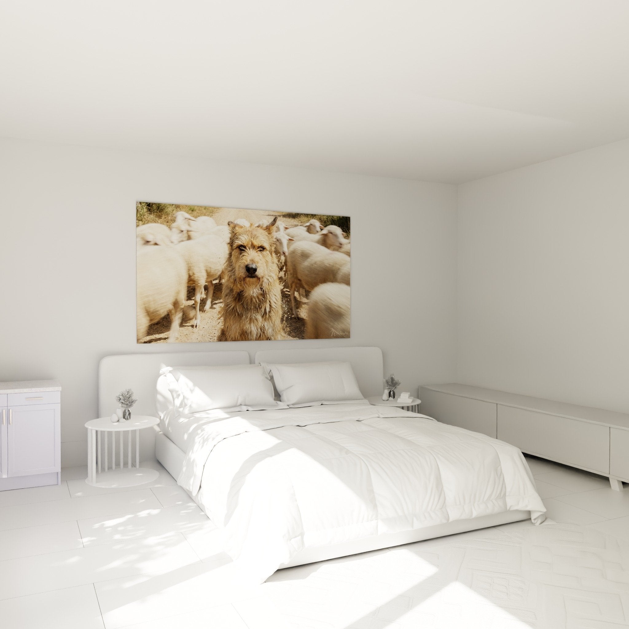 Tableau Berger Picard fauve dans une chambre aux tons neutres avec mobilier en bois naturel et decoration cosy