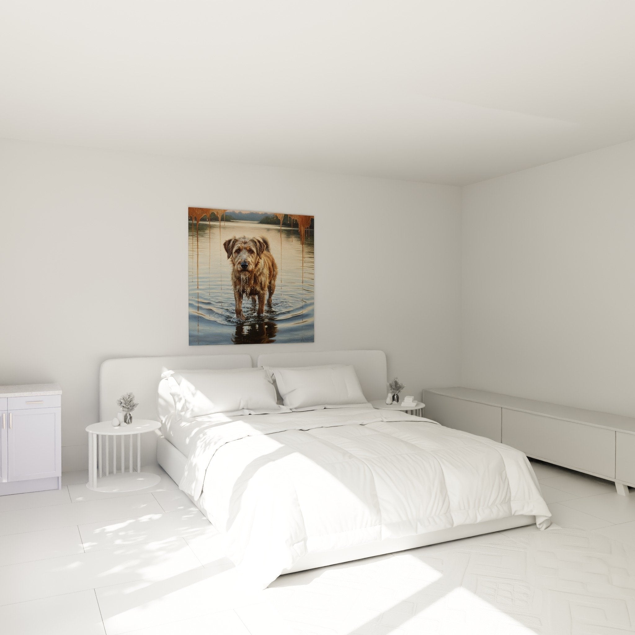 Berger Picard dog in water hanging on the wall of a modern bedroom with neutral tones
