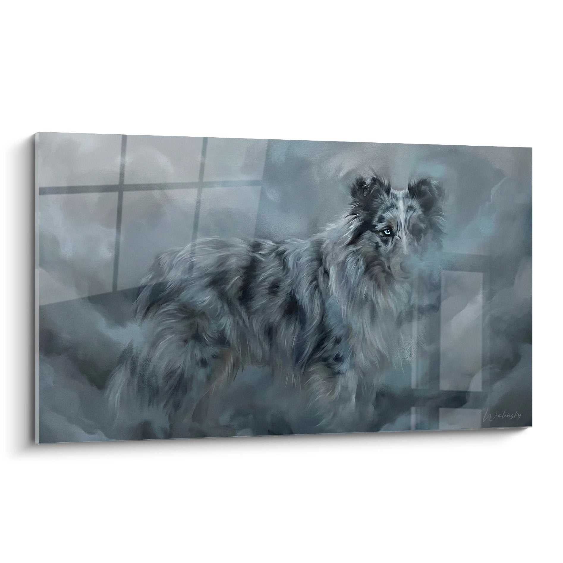 Tableau artistique Berger des Shetland aux tons bleu gris dans ambiance brumeuse et vaporeuse style contemplatif