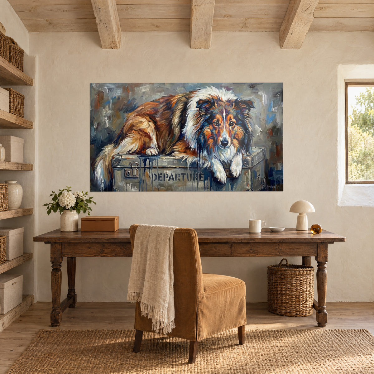 Schilderij van een hond met witte halskraag en oranje vacht op een reiskist, grijze penseelstreken, boven een houten bureau