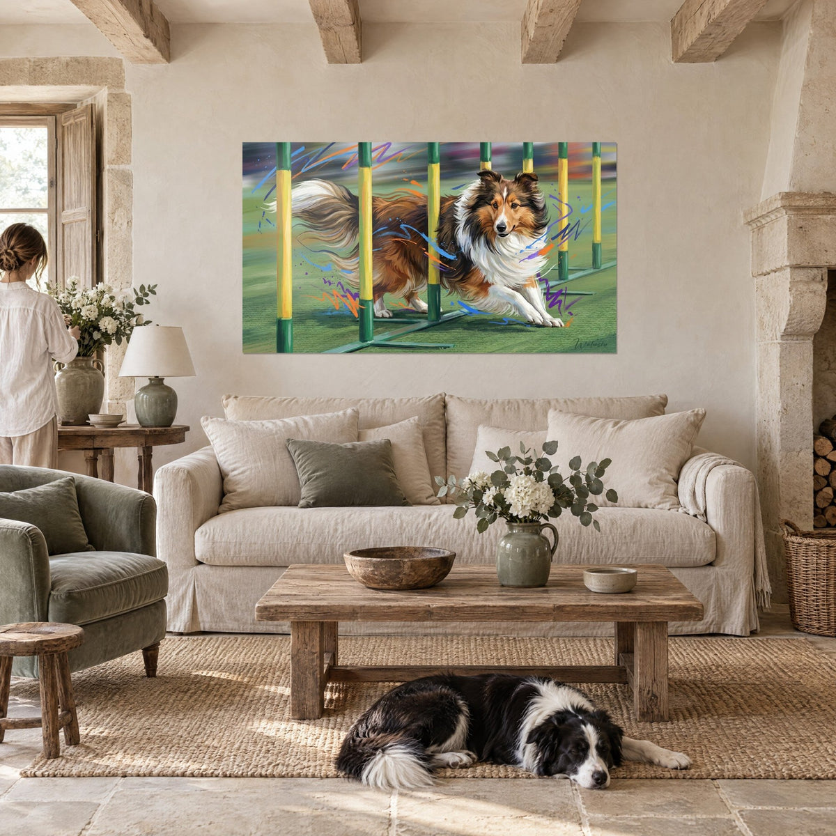 Wall art sable and white Sheltie weaving between yellow and green poles, blue splashes, above a sofa in a bright living room