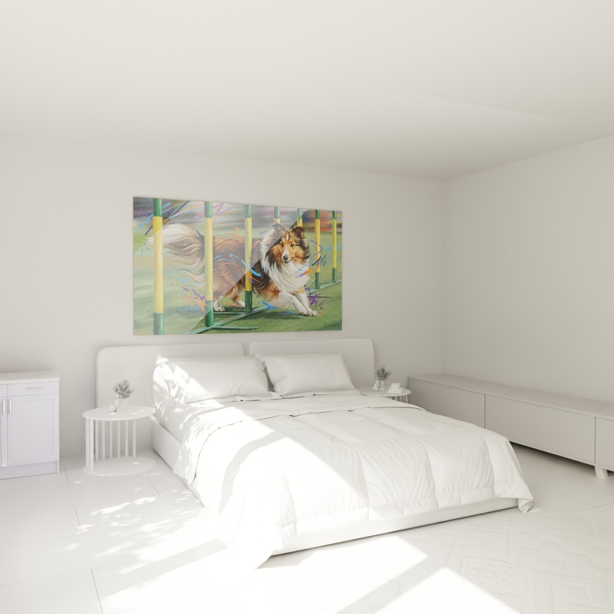 Tableau berger shetland agilite dans chambre moderne mur blanc deco contemporaine