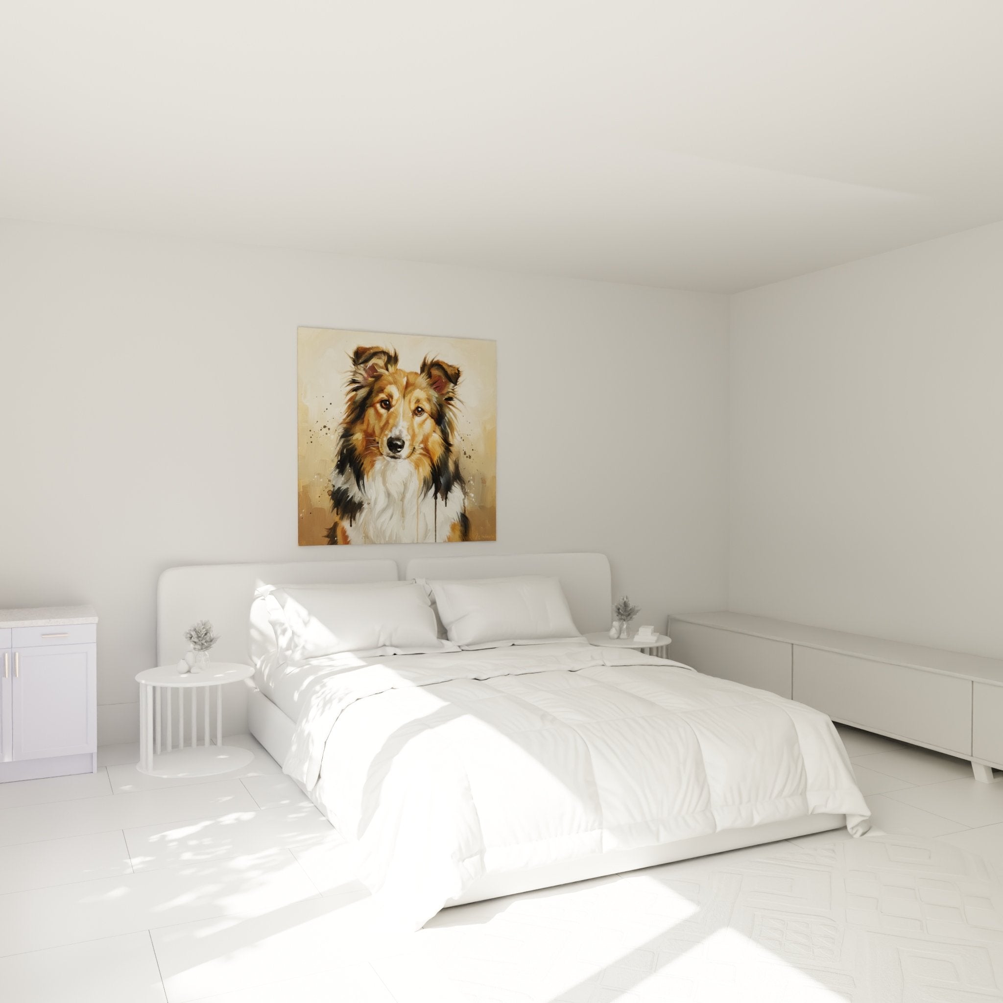 Tableau Berger des Shetland tricolore dans chambre moderne aux tons beiges et blancs avec mobilier contemporain