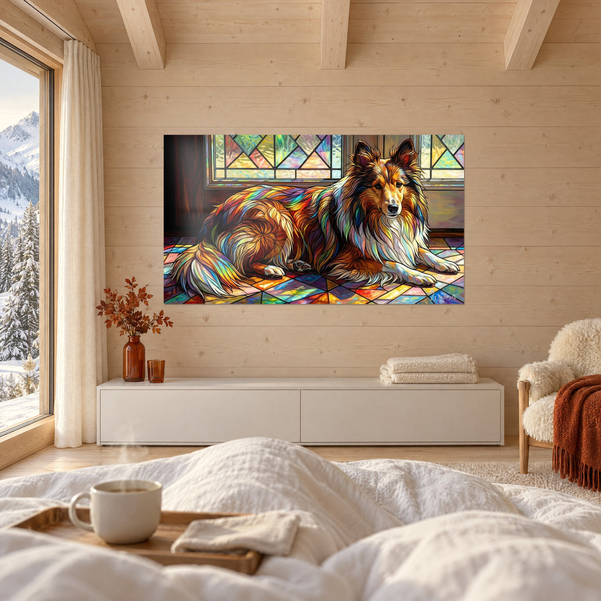 Gemälde Hütehund mit weißem Halskragen und bernsteinfarbenem Fell mit blauen und gelben Reflexen, über einem Bett in einem hellen Schlafzimmer