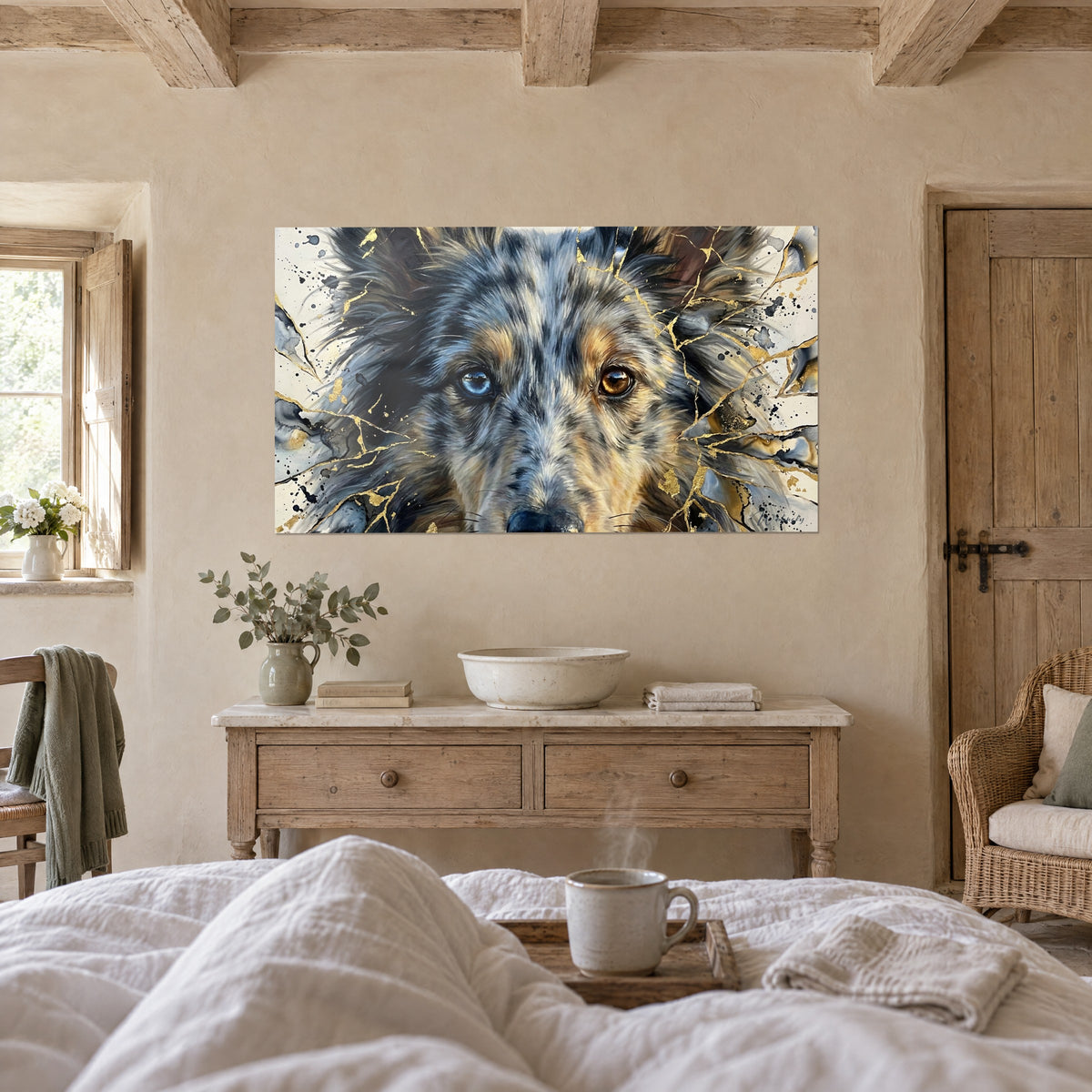 Wall art collie with light blue and copper-brown irises, slate grey coat, golden veins, facing a person seen from behind, above a bed in a bright bedroom