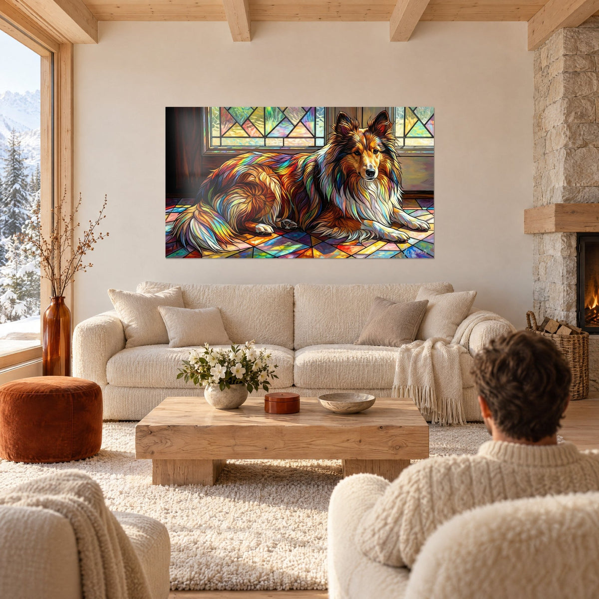 Wall art red and white Shetland collie lying on a prismatic tiled floor, stained glass in the background, above a sofa in a bright living room