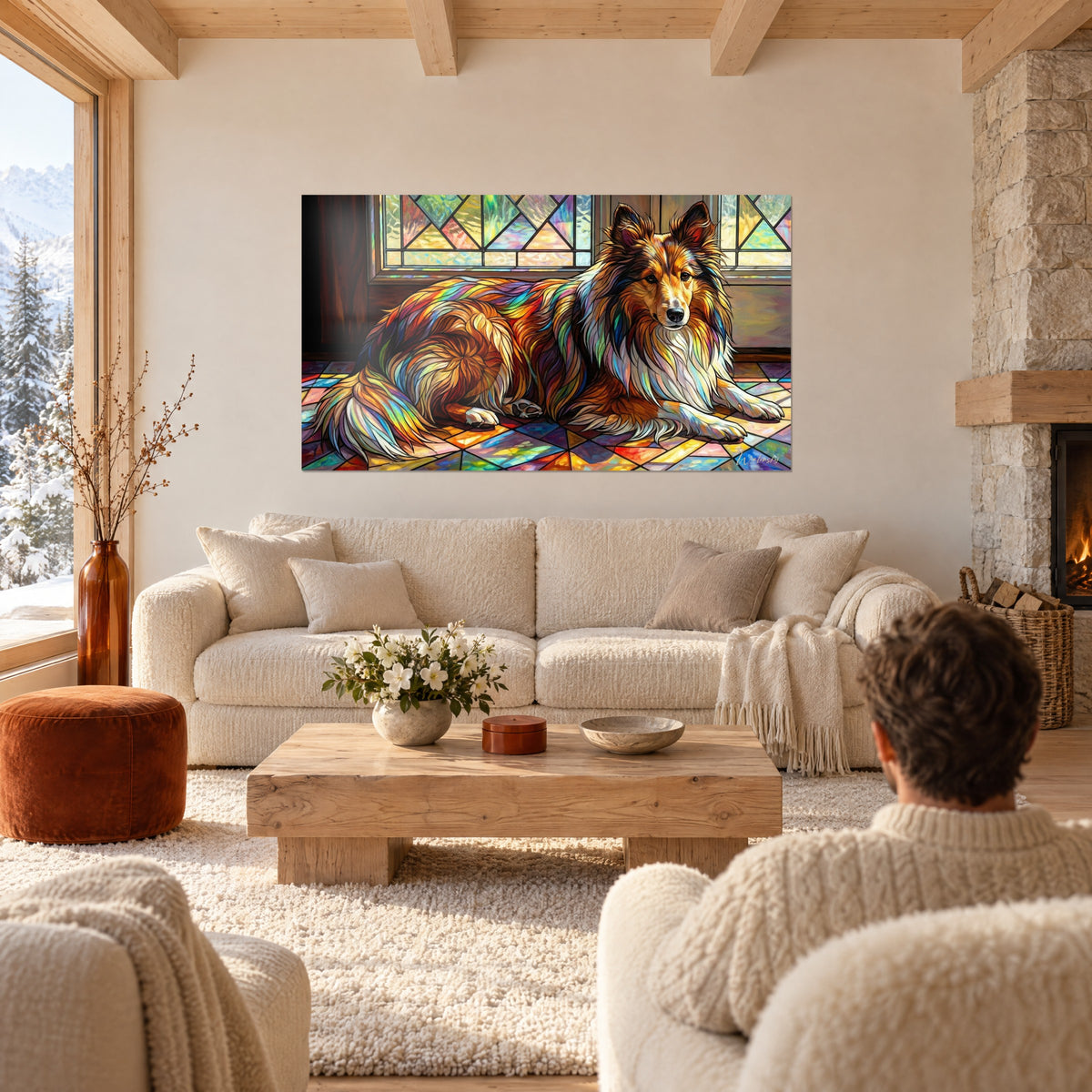 Gemälde Shetland-Collie in Rot und Weiß liegend auf einem prismatischen Fliesenboden, Glasmalerei im Hintergrund, über einem Sofa in einem hellen Wohnzimmer